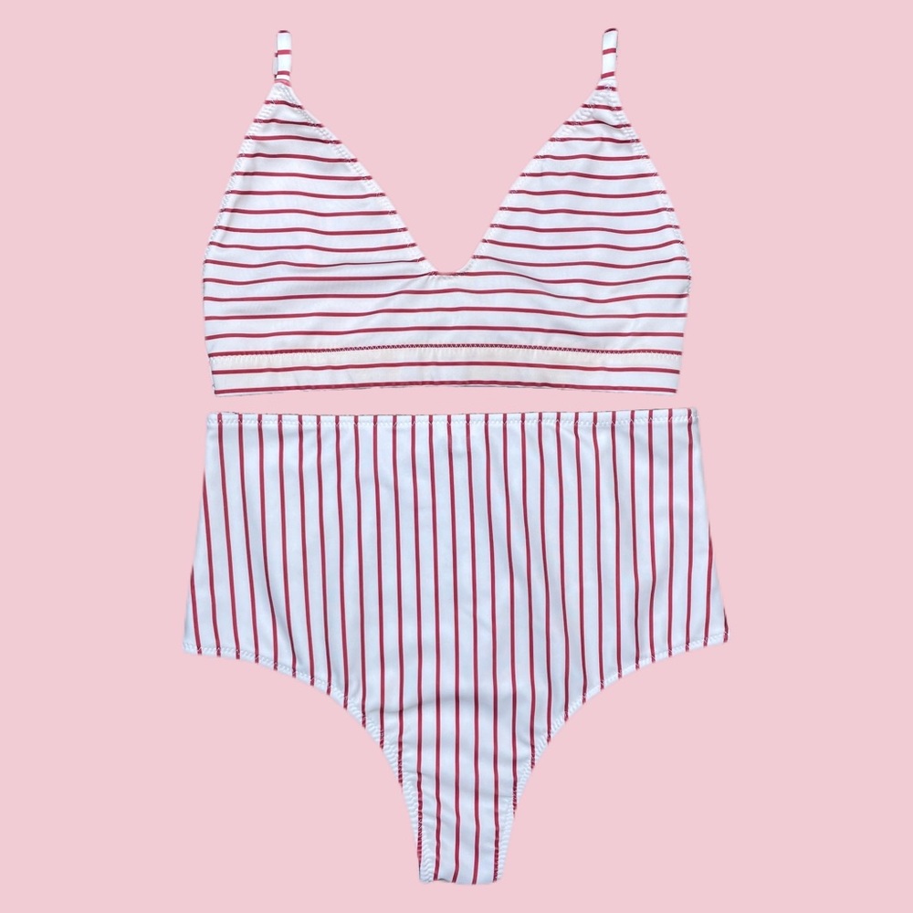 Cher Red & White Striped Bikini Set